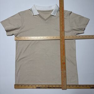 Women's Vintage Beige Striped Short Sleeve Polo Shirt Classic Casual Preppy Top